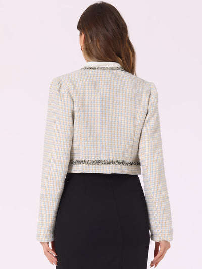 Stand Collar Double Breasted Elegant Plaid Tweed Crop Jacket