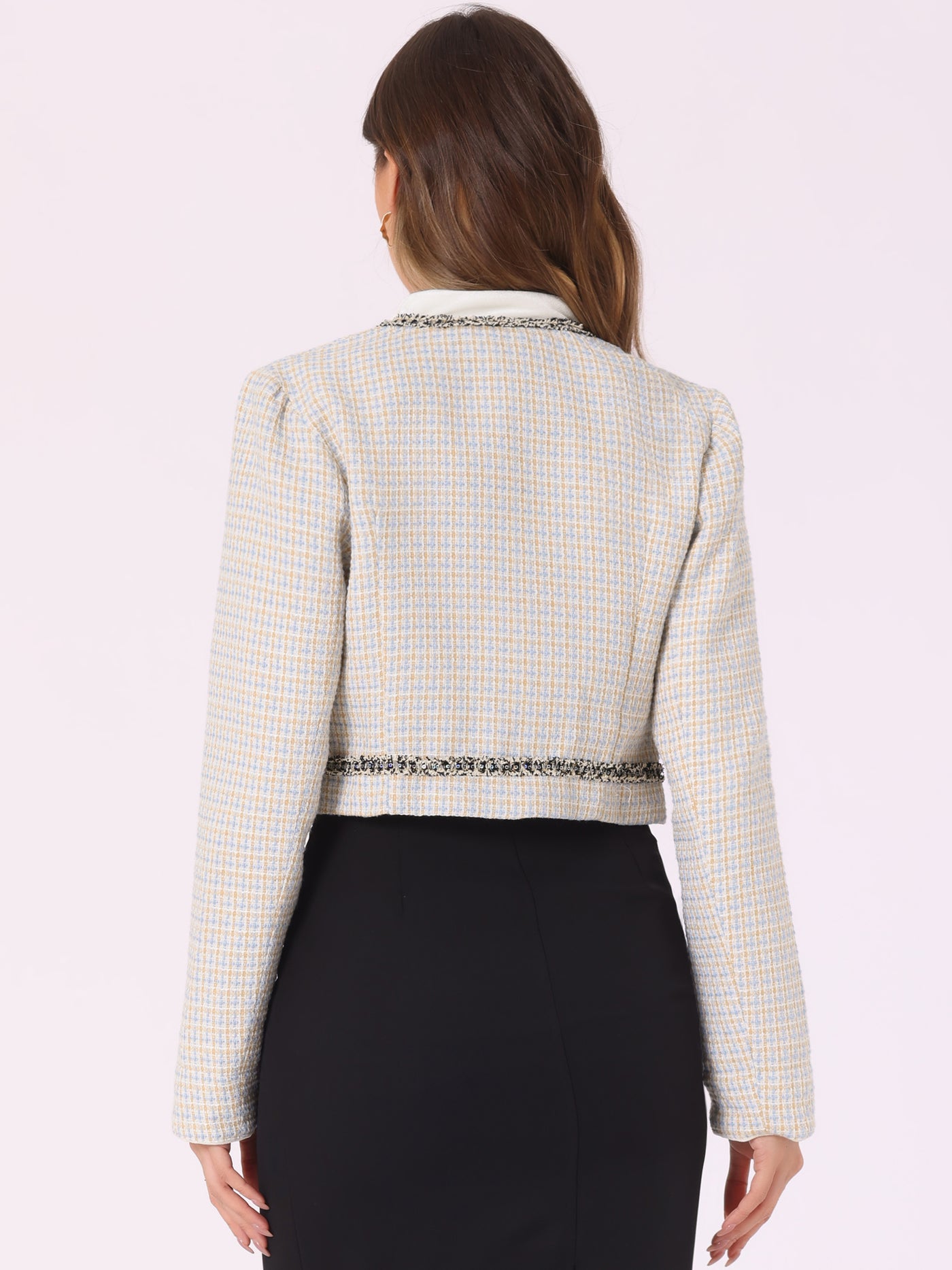 Allegra K Stand Collar Double Breasted Elegant Plaid Tweed Crop Jacket