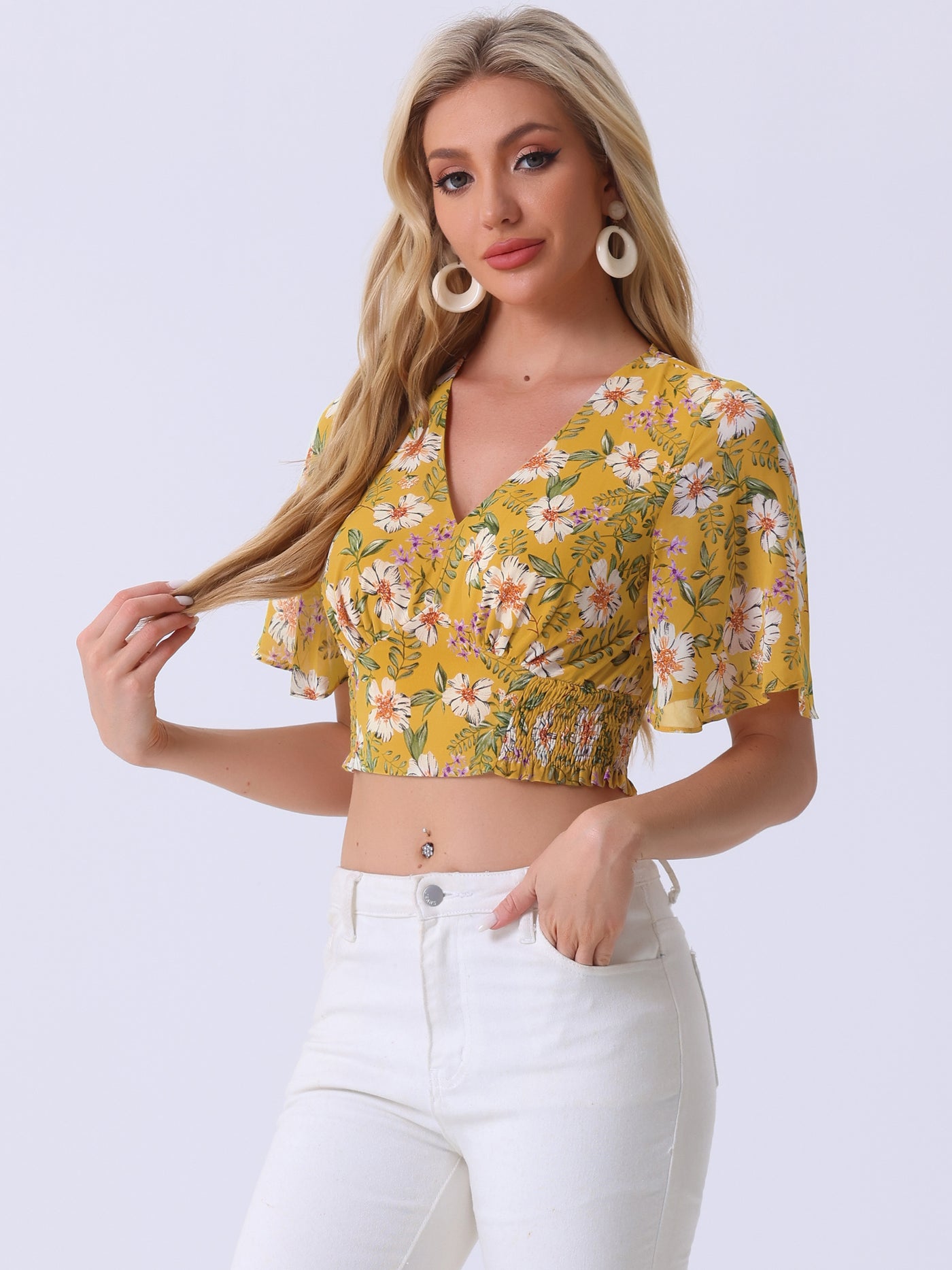 Allegra K Floral Flare Short Sleeve V Neck Summer Smocked Crop Top