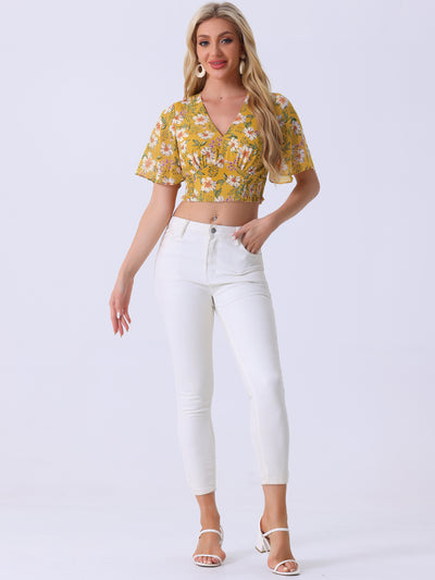 Floral Flare Short Sleeve V Neck Summer Smocked Crop Top