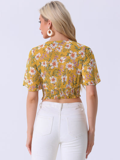 Floral Flare Short Sleeve V Neck Summer Smocked Crop Top