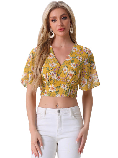 Floral Flare Short Sleeve V Neck Summer Smocked Crop Top