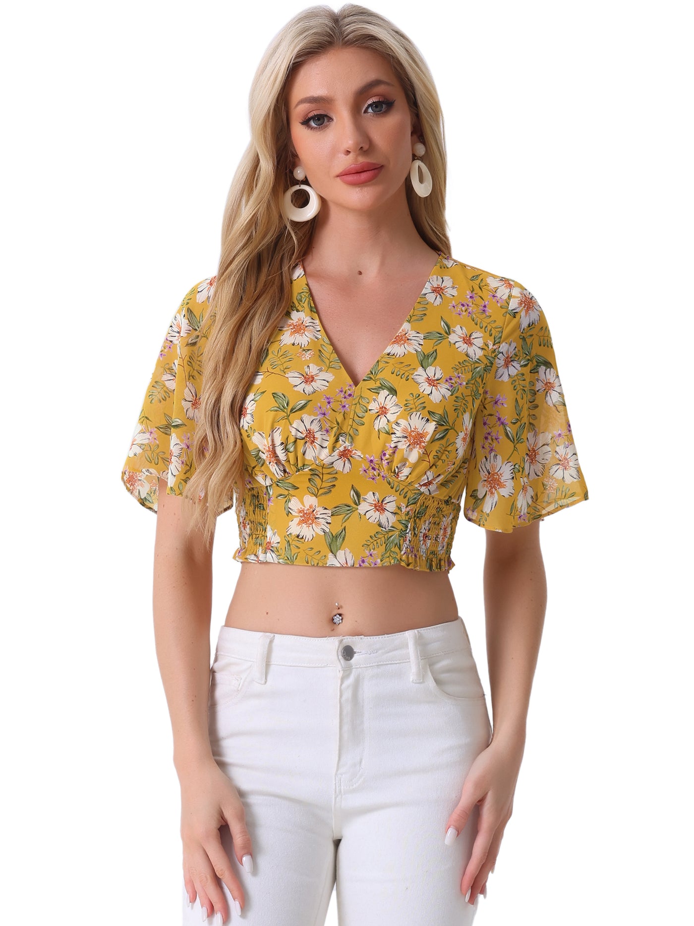 Allegra K Floral Flare Short Sleeve V Neck Summer Smocked Crop Top