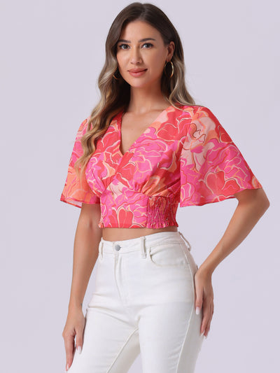 Floral Flare Short Sleeve V Neck Summer Smocked Crop Top