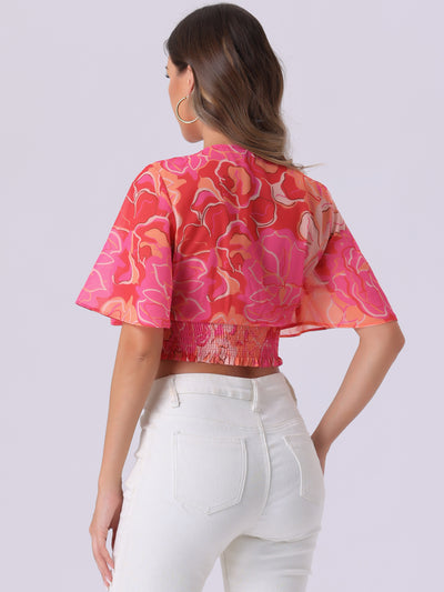 Floral Flare Short Sleeve V Neck Summer Smocked Crop Top