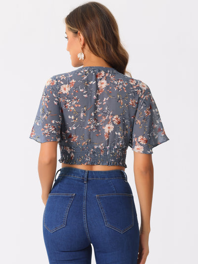 Floral Flare Short Sleeve V Neck Summer Smocked Crop Top