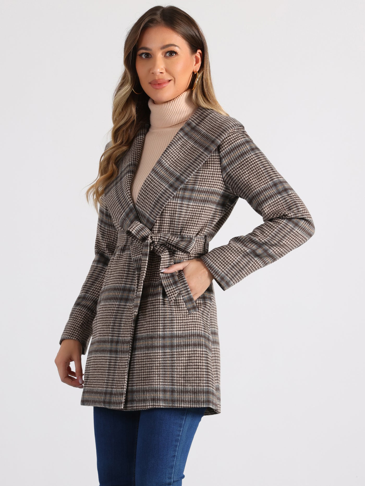 Allegra K Shawl Collar Check Belted Wrap Plaid Coat with Pockets