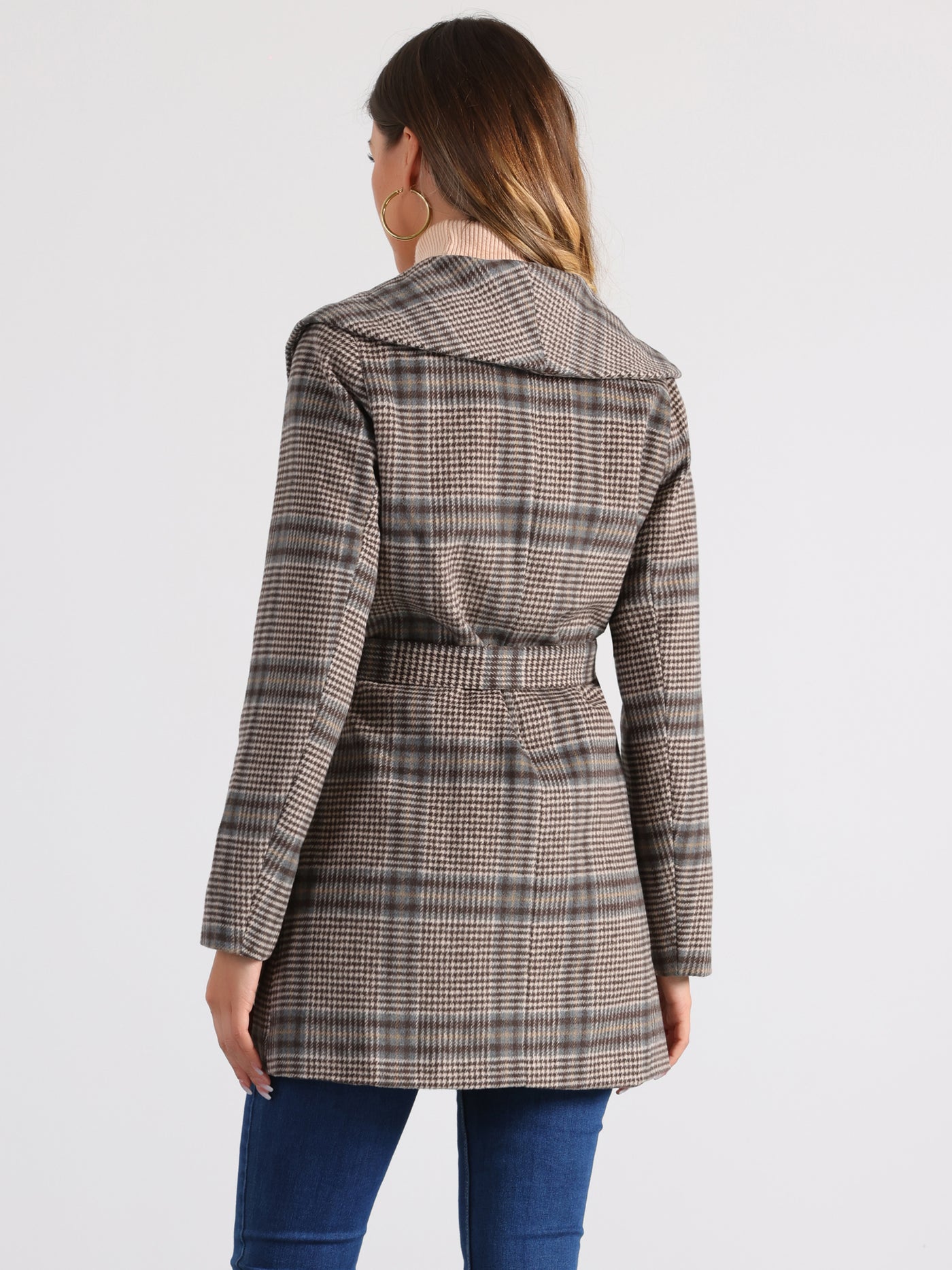 Allegra K Shawl Collar Check Belted Wrap Plaid Coat with Pockets