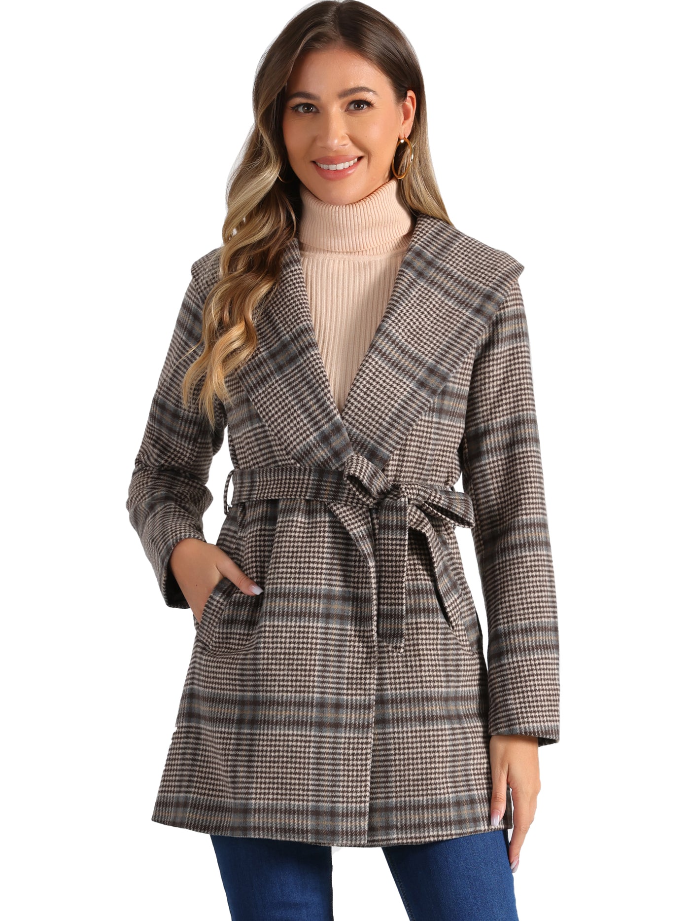 Allegra K Shawl Collar Check Belted Wrap Plaid Coat with Pockets