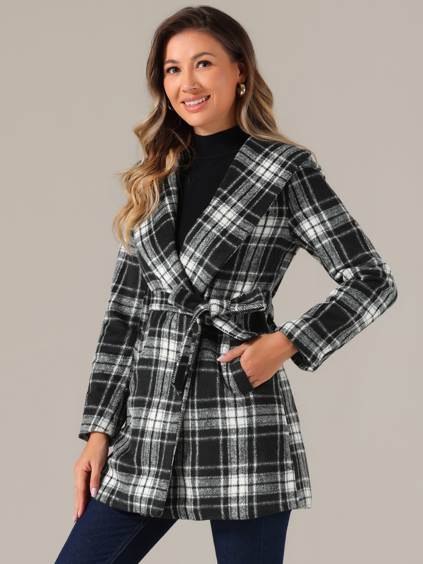 Allegra K Shawl Collar Check Belted Wrap Plaid Coat with Pockets