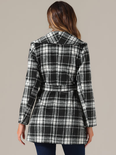 Shawl Collar Check Belted Wrap Plaid Coat with Pockets