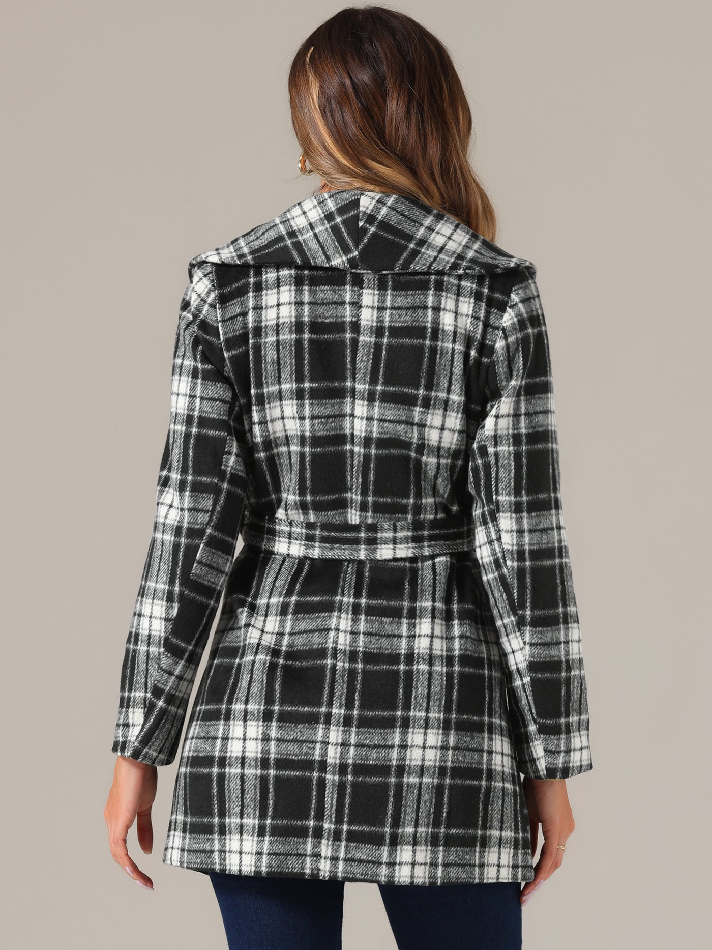 Allegra K Shawl Collar Check Belted Wrap Plaid Coat with Pockets