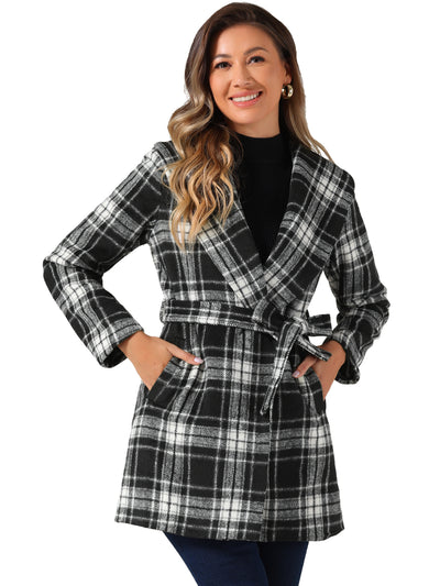 Shawl Collar Check Belted Wrap Plaid Coat with Pockets