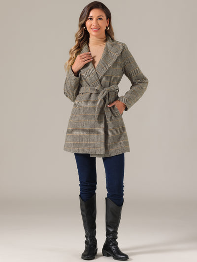 Shawl Collar Check Belted Wrap Plaid Coat with Pockets