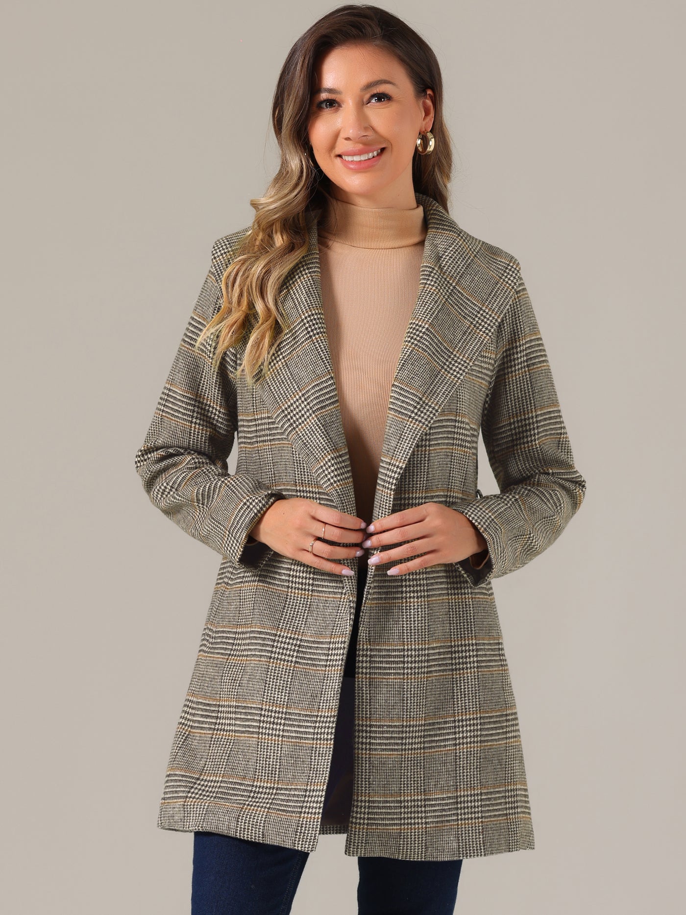 Allegra K Shawl Collar Check Belted Wrap Plaid Coat with Pockets