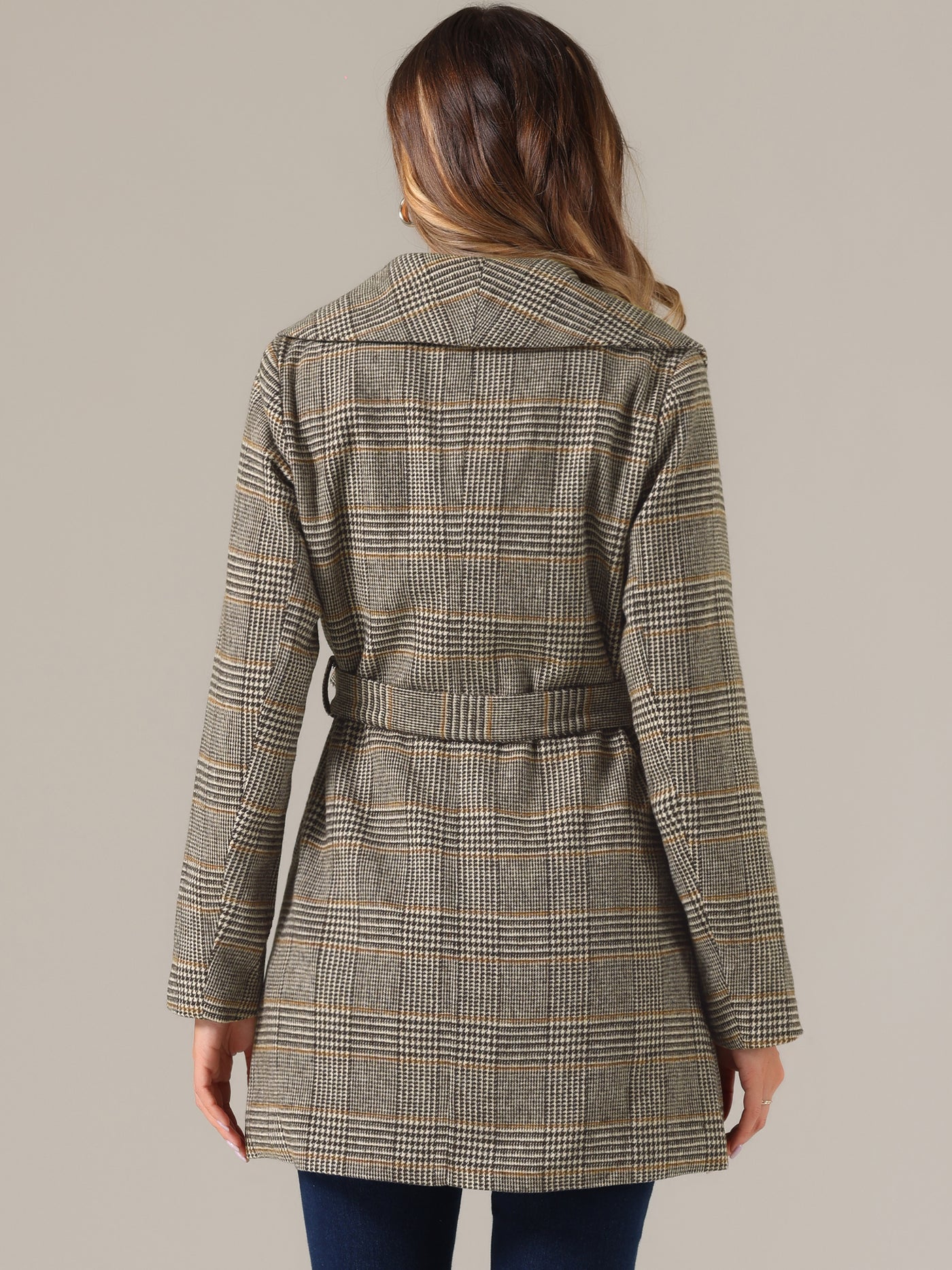 Allegra K Shawl Collar Check Belted Wrap Plaid Coat with Pockets