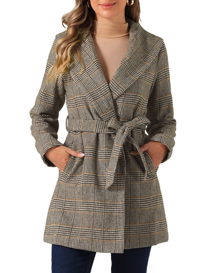 Shawl Collar Check Belted Wrap Plaid Coat with Pockets