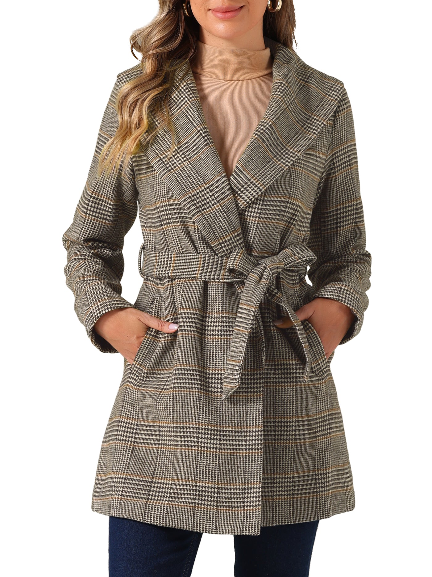 Allegra K Shawl Collar Check Belted Wrap Plaid Coat with Pockets