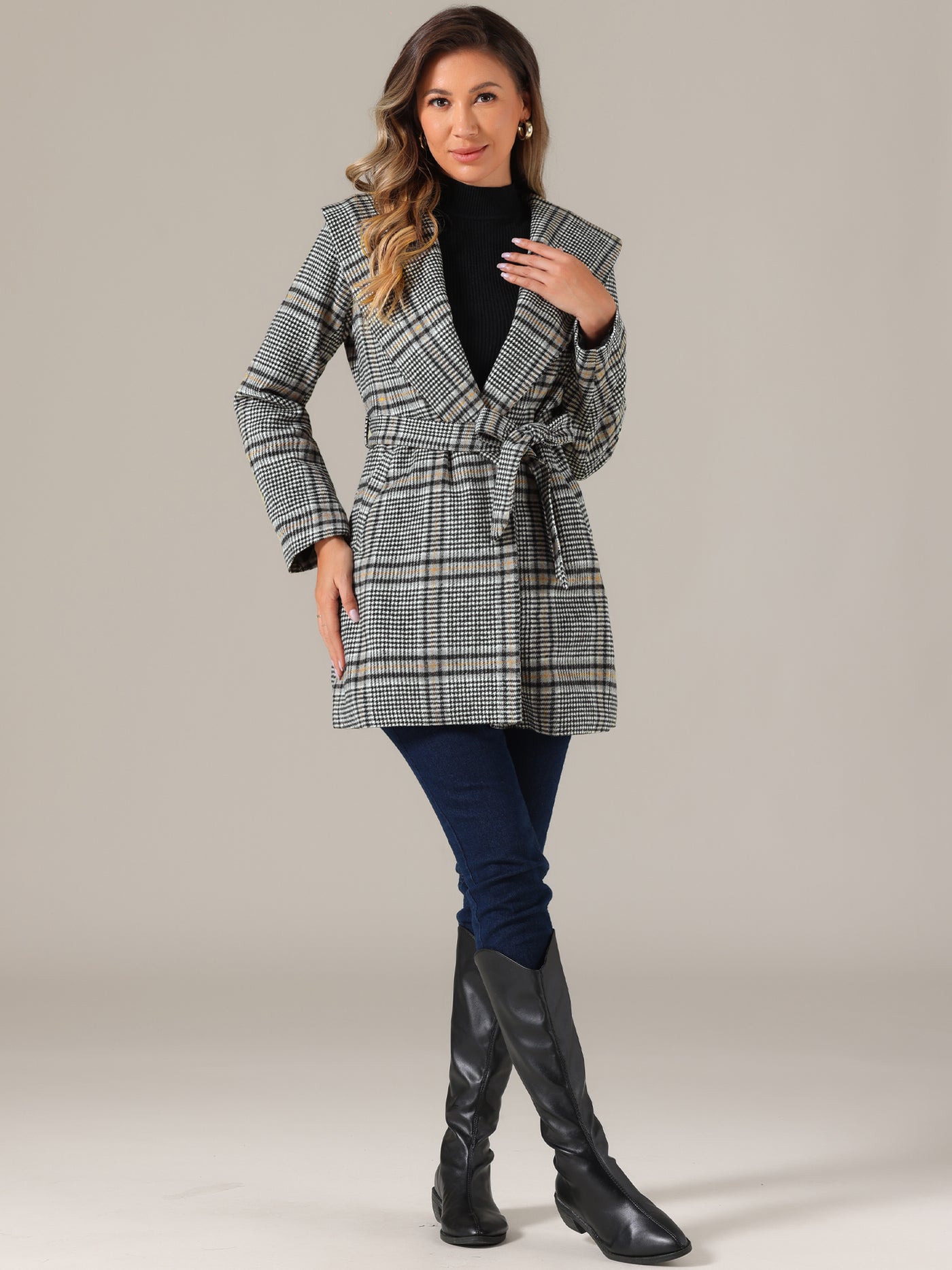 Allegra K Shawl Collar Check Belted Wrap Plaid Coat with Pockets