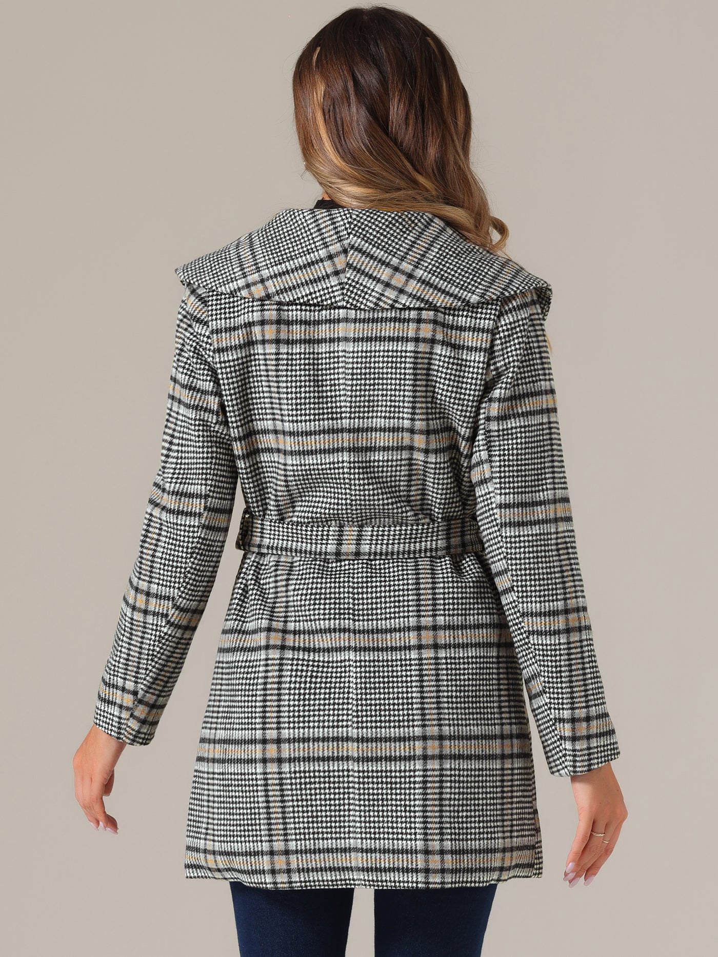 Allegra K Shawl Collar Check Belted Wrap Plaid Coat with Pockets