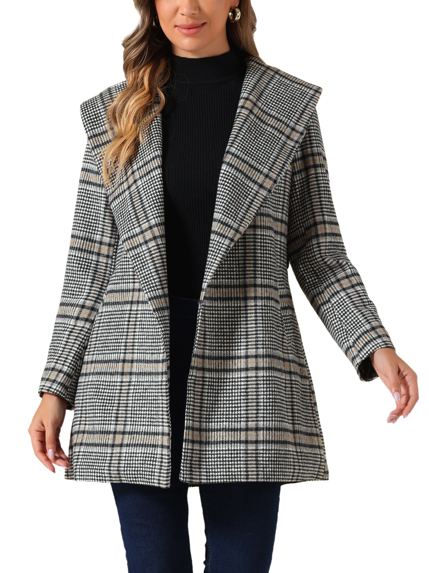 Allegra K Shawl Collar Check Belted Wrap Plaid Coat with Pockets