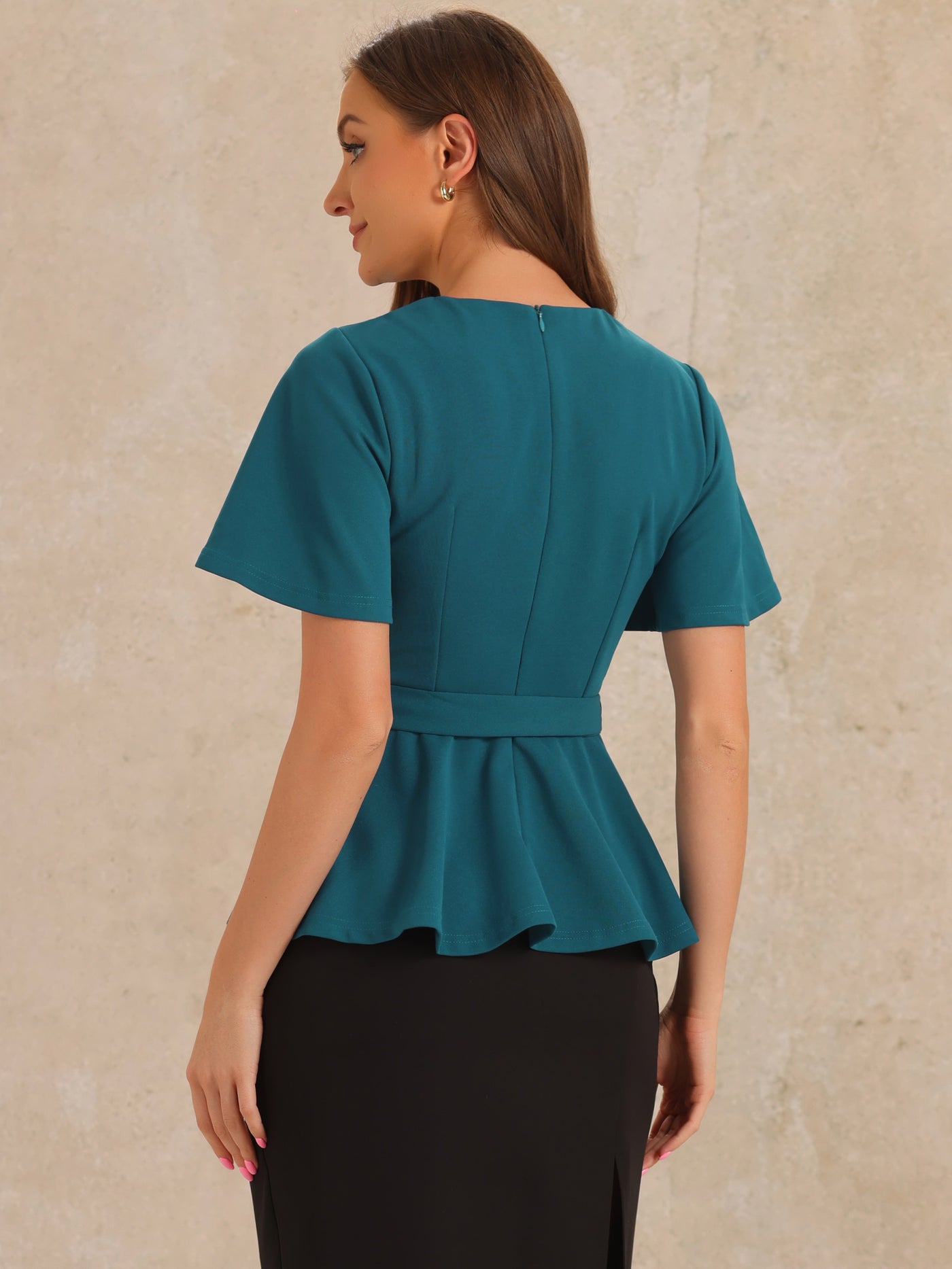 Allegra K Peplum Round Neck Bell Sleeve Belted Waist Office Blouse