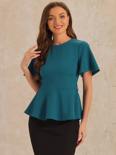 Peplum Round Neck Bell Sleeve Belted Waist Office Blouse