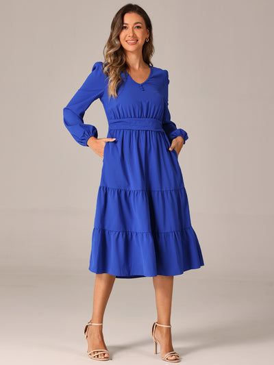 Lantern Sleeve Pocketed Ruffled Tiered A-Line Midi Dress