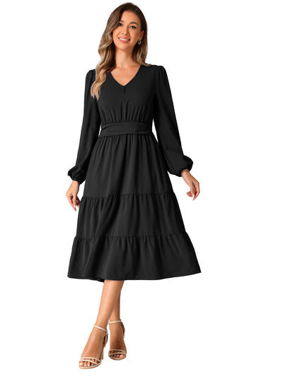 Lantern Sleeve Pocketed Ruffled Tiered A-Line Midi Dress