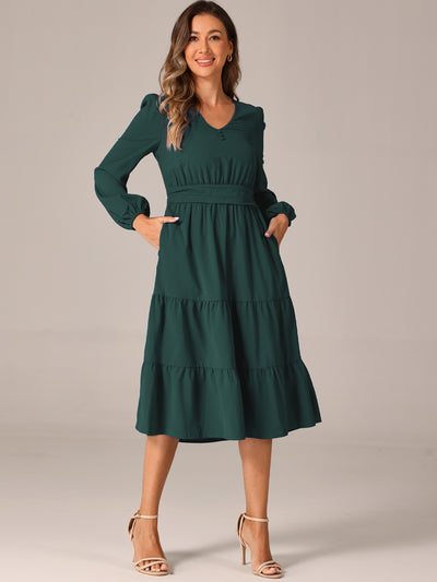 Lantern Sleeve Pocketed Ruffled Tiered A-Line Midi Dress