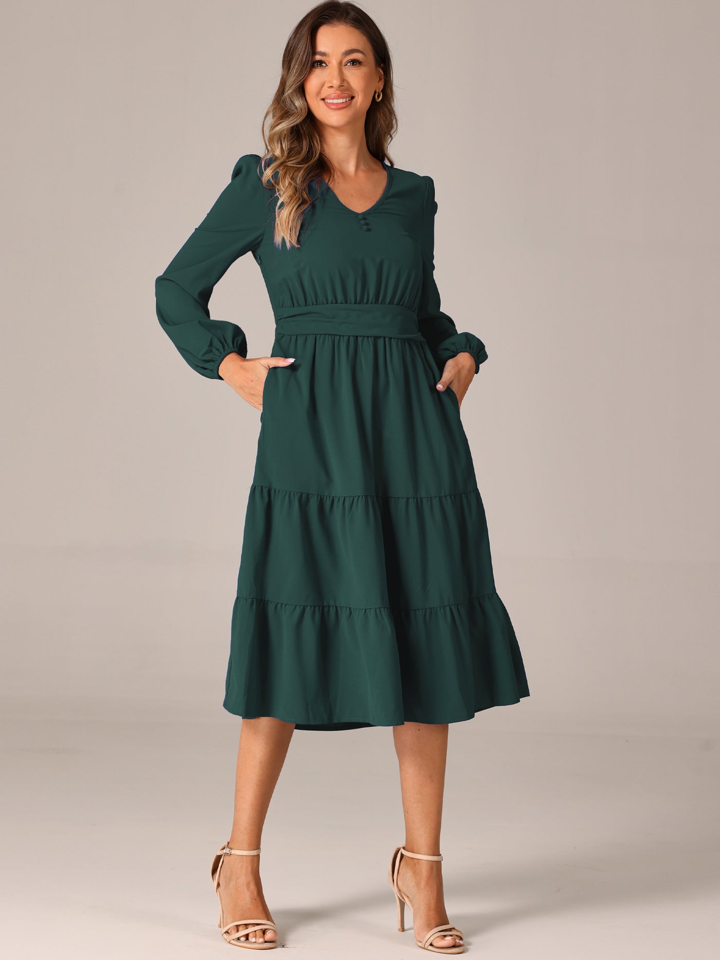 Allegra K Lantern Sleeve Pocketed Ruffled Tiered A-Line Midi Dress