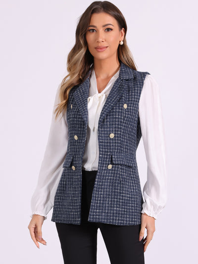 Tweed Open Front Plaid Sleeveless Cardigan Blazer Jacket Vest