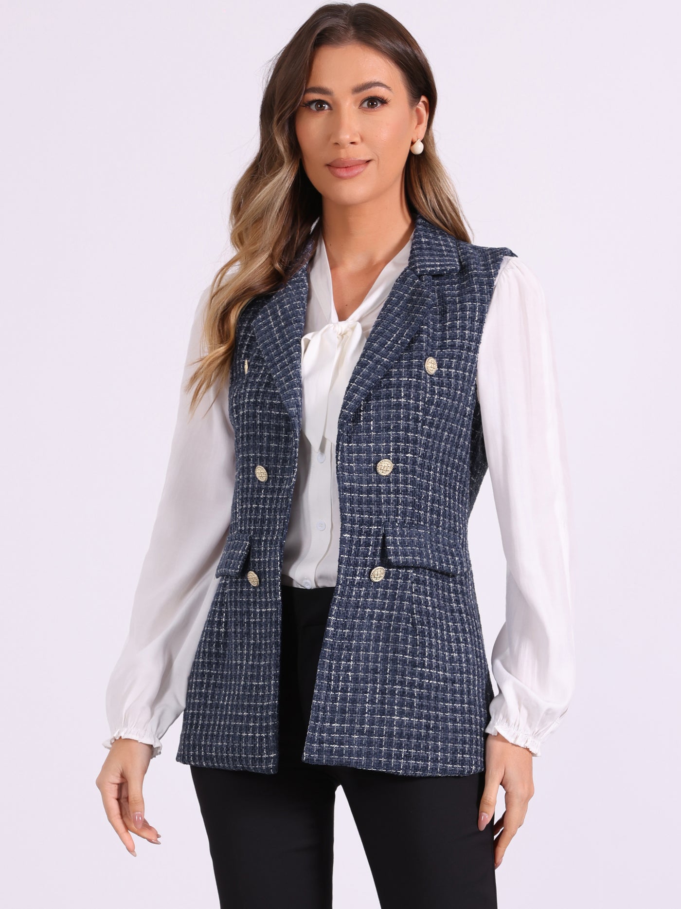 Allegra K Tweed Open Front Plaid Sleeveless Cardigan Blazer Jacket Vest