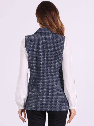 Tweed Open Front Plaid Sleeveless Cardigan Blazer Jacket Vest