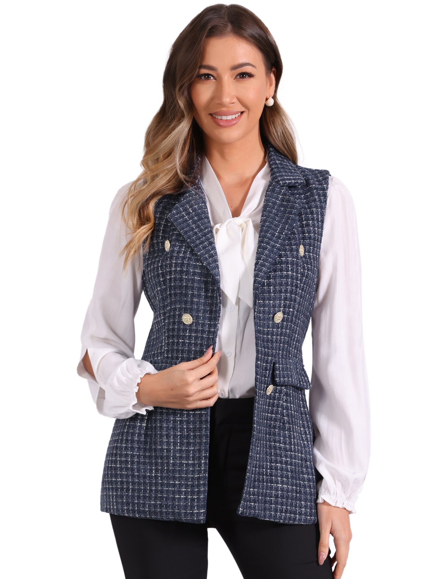 Allegra K Tweed Open Front Plaid Sleeveless Cardigan Blazer Jacket Vest