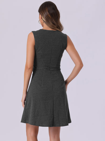 Plaid Sleeveless Fit and Flare Houndstooth Work Dress