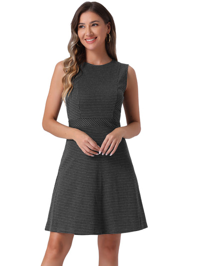 Plaid Sleeveless Fit and Flare Houndstooth Work Dress