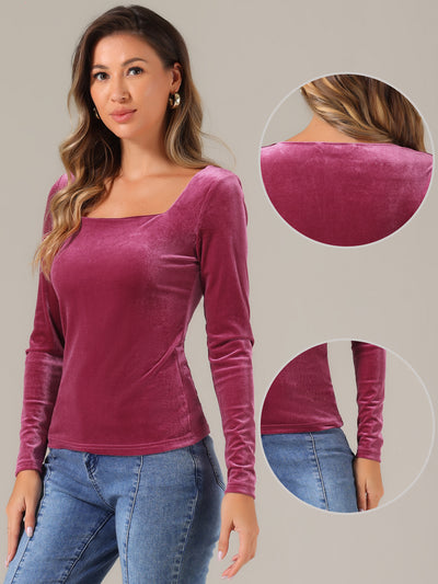 Long Sleeve Velvet Square Neck Casual T-Shirt Blouse