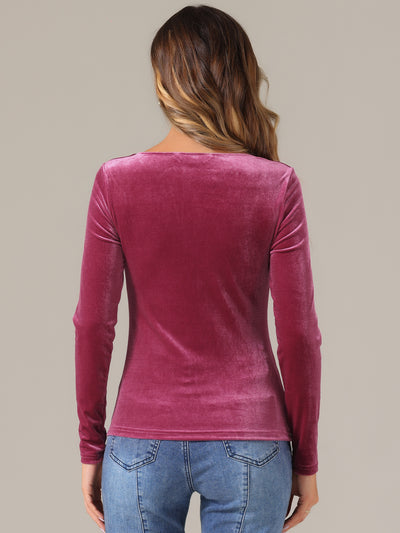 Long Sleeve Velvet Square Neck Casual T-Shirt Blouse