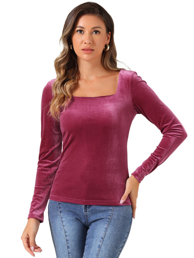 Long Sleeve Velvet Square Neck Casual T-Shirt Blouse