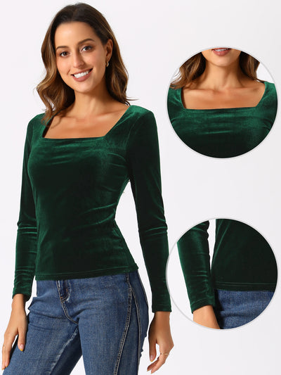 Long Sleeve Velvet Square Neck Casual T-Shirt Blouse