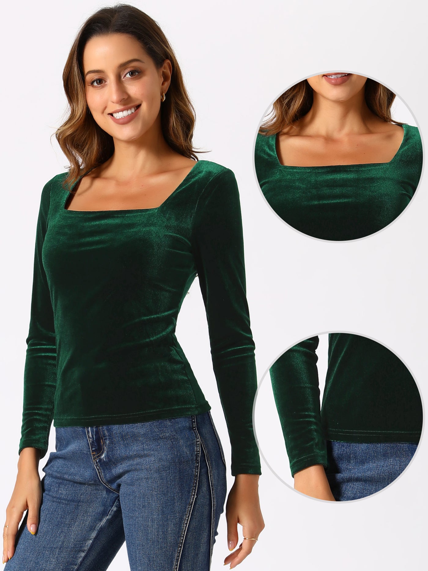 Allegra K Long Sleeve Velvet Square Neck Casual T-Shirt Blouse