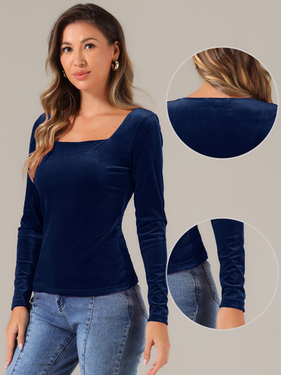 Long Sleeve Velvet Square Neck Casual T-Shirt Blouse