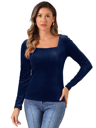 Long Sleeve Velvet Square Neck Casual T-Shirt Blouse