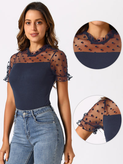 Polka Dots Mesh Sheer Short Sleeve Skinny Blouse Bodysuit Top