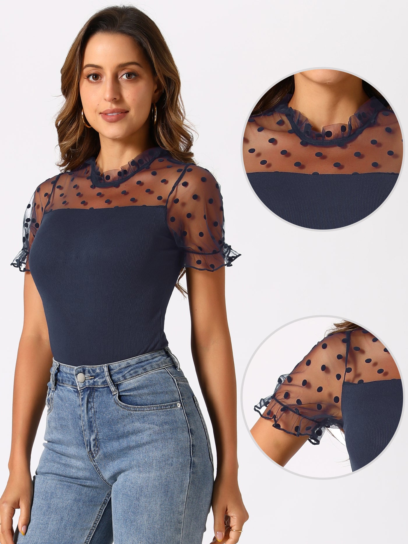 Allegra K Polka Dots Mesh Sheer Short Sleeve Skinny Blouse Bodysuit Top