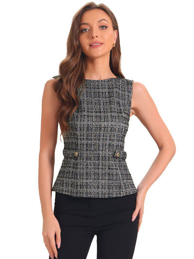 Tweed Plaid Sleeveless Crew Neck Buckle Decor Blouse