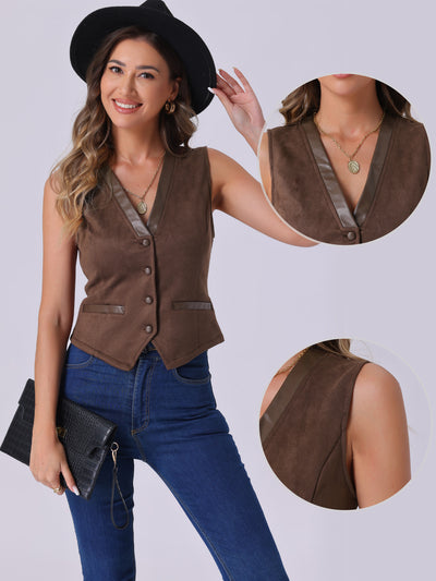 V Neck Faux Suede Button Down Vintage Sleeveless Casual Vest