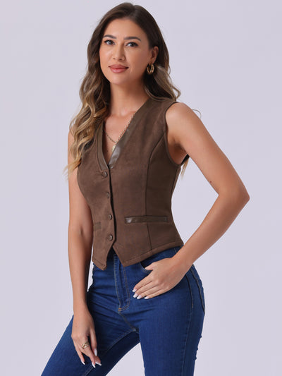 V Neck Faux Suede Button Down Vintage Sleeveless Casual Vest