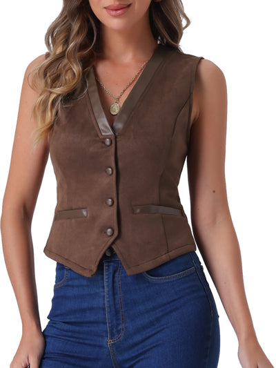 V Neck Faux Suede Button Down Vintage Sleeveless Casual Vest